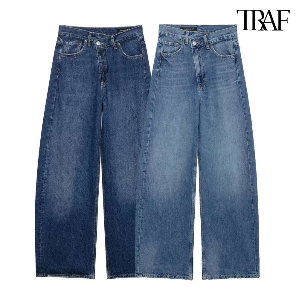 TRAF high-waisted Slim wide-legged denim casual elegant straight trousers temperament street women's clothing
