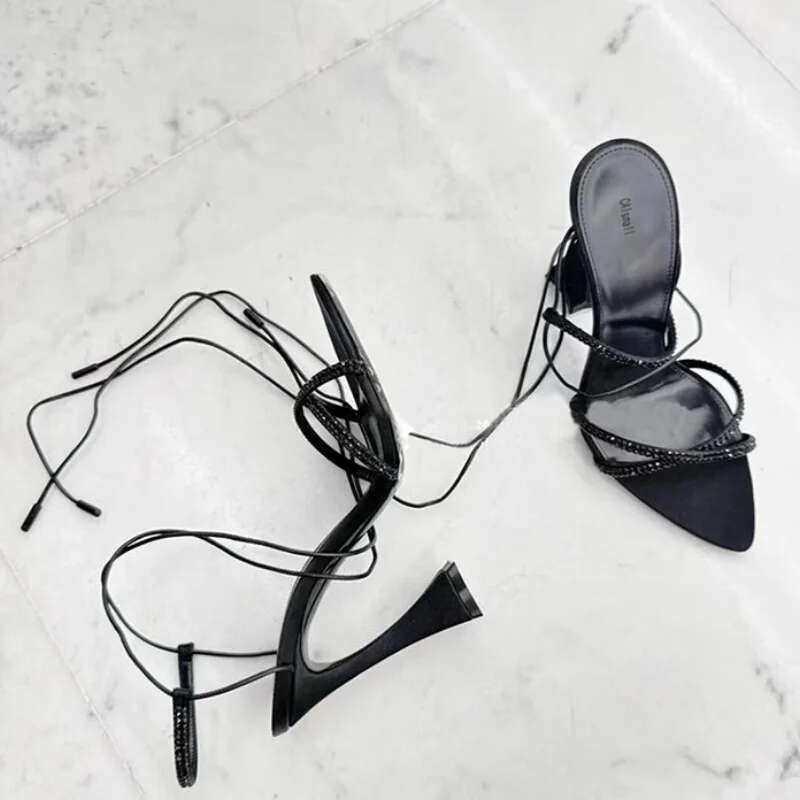 Fashionable Women Sandals Sexy Open Toes Single Woman Pointed Rhinestone Casual Shoes Ankle Cross Strap High Heels Ladies
