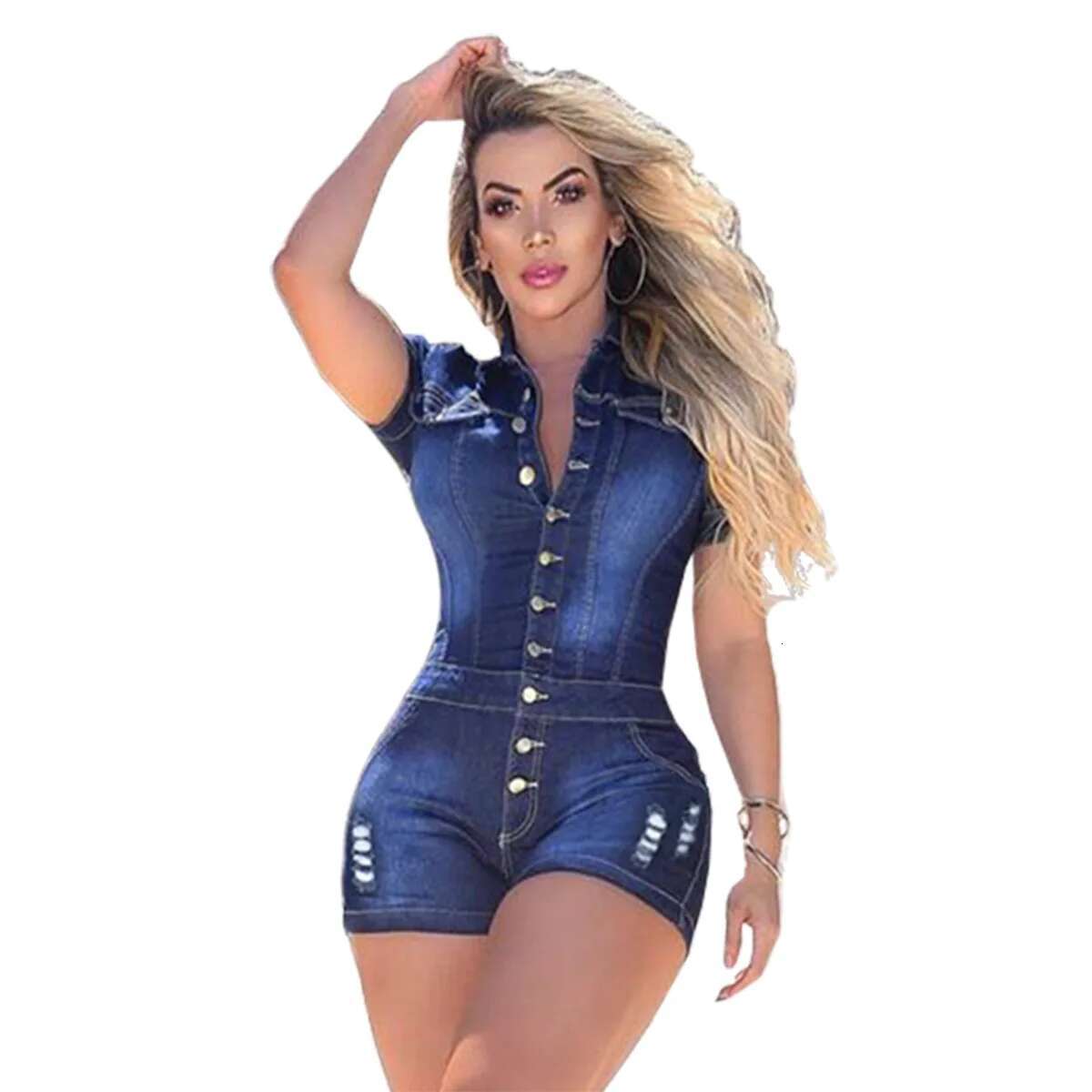 Bleached Denim Rompers Women Jean Overalls Washed Vintage One Piece Single Breasted Shorts Jeans Skinny Solid Distressed