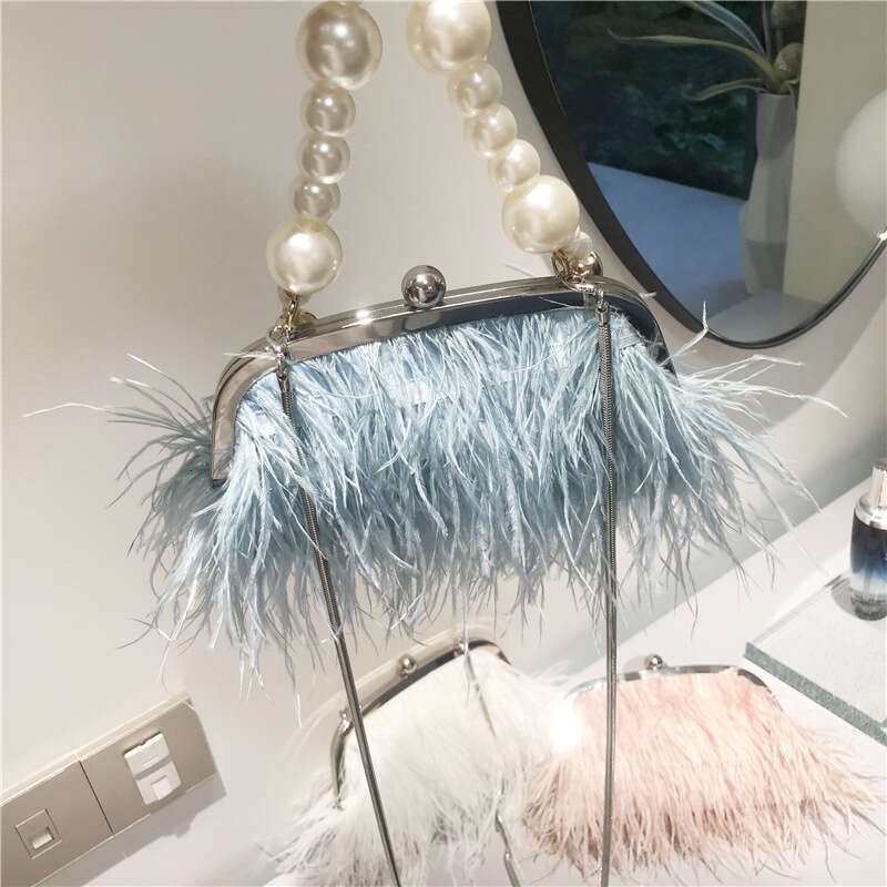 INS Turkey Hair Pearl Chain Shoulder Ostrich Grass Crossbody Dress Fur Women's Bag