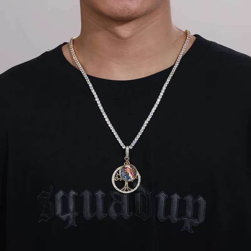 Hot Hiphop Jewelry 18K Gold Plated Brass 5A Zircon Icedout Tree of Life Memory Photo Pendant for Men Women
