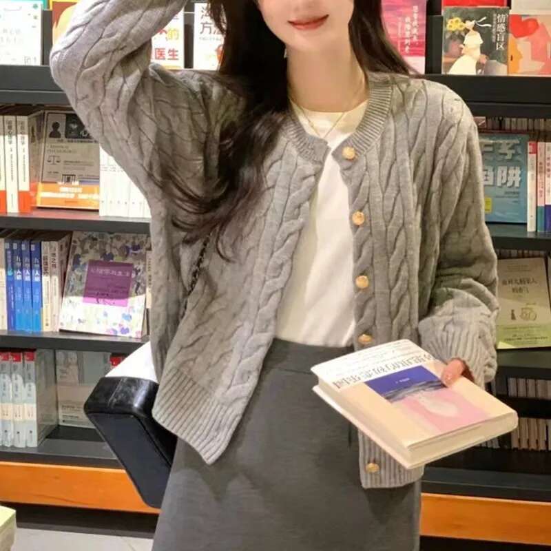 fashion Vintage Long Sleeve Cardigan Women Sweater O-neck Elegant Knitted Top Fashion Autumn Grey Knitwear fashion clothing women