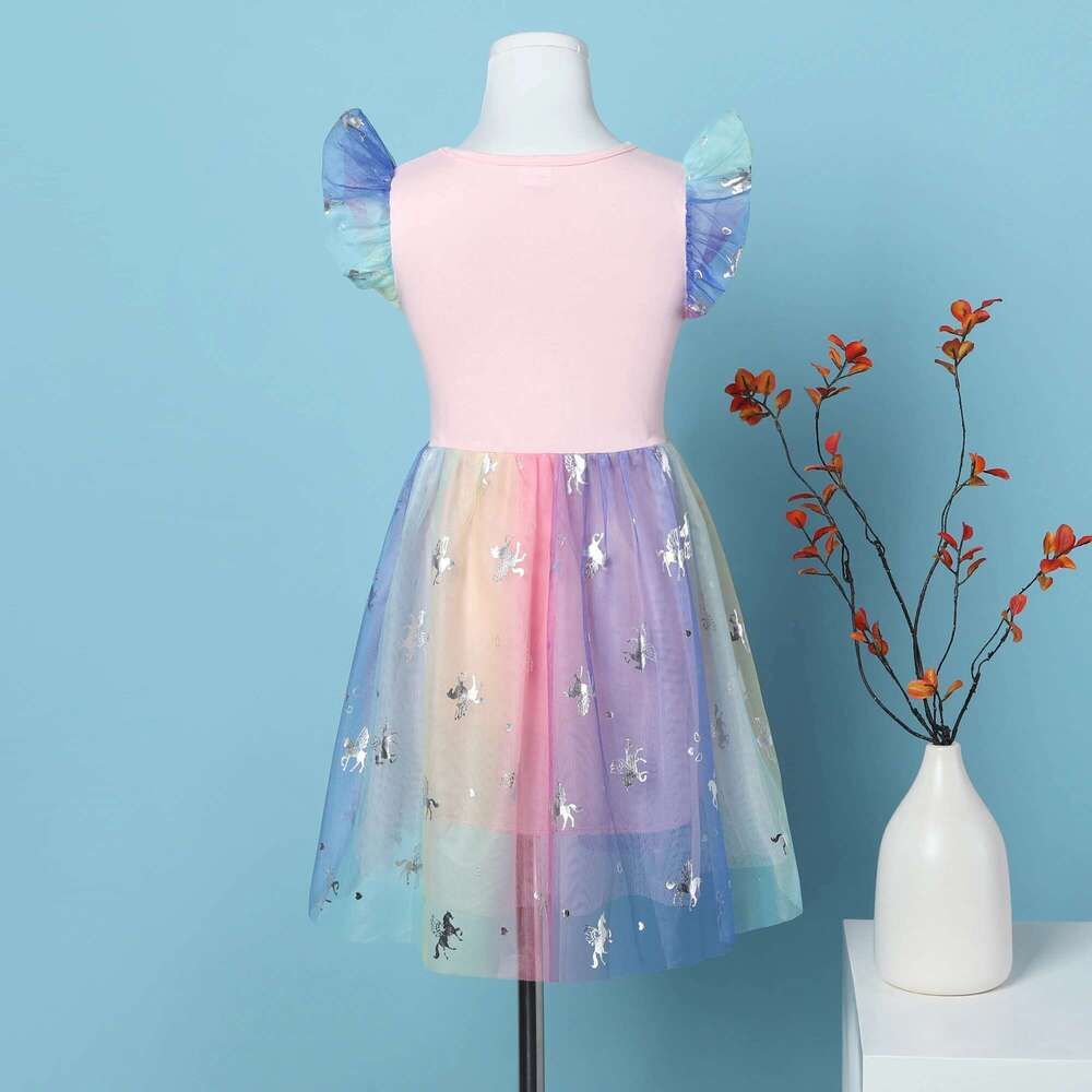 Girl's Summer Cartoon Unicorn Print Rainbow Mesh Splice Princess Birthday Party Sleeveless Dress Sh1791