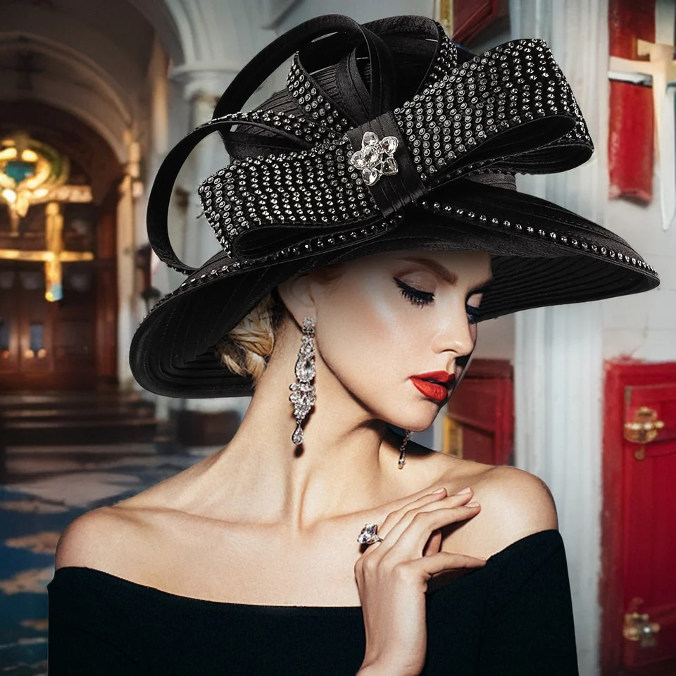 Premium Fancy Black Satin Cloth Church Hat Formal Pography Hats Chains Fashion Flower Wedding Top Hat for Women Ladies Girls 250430