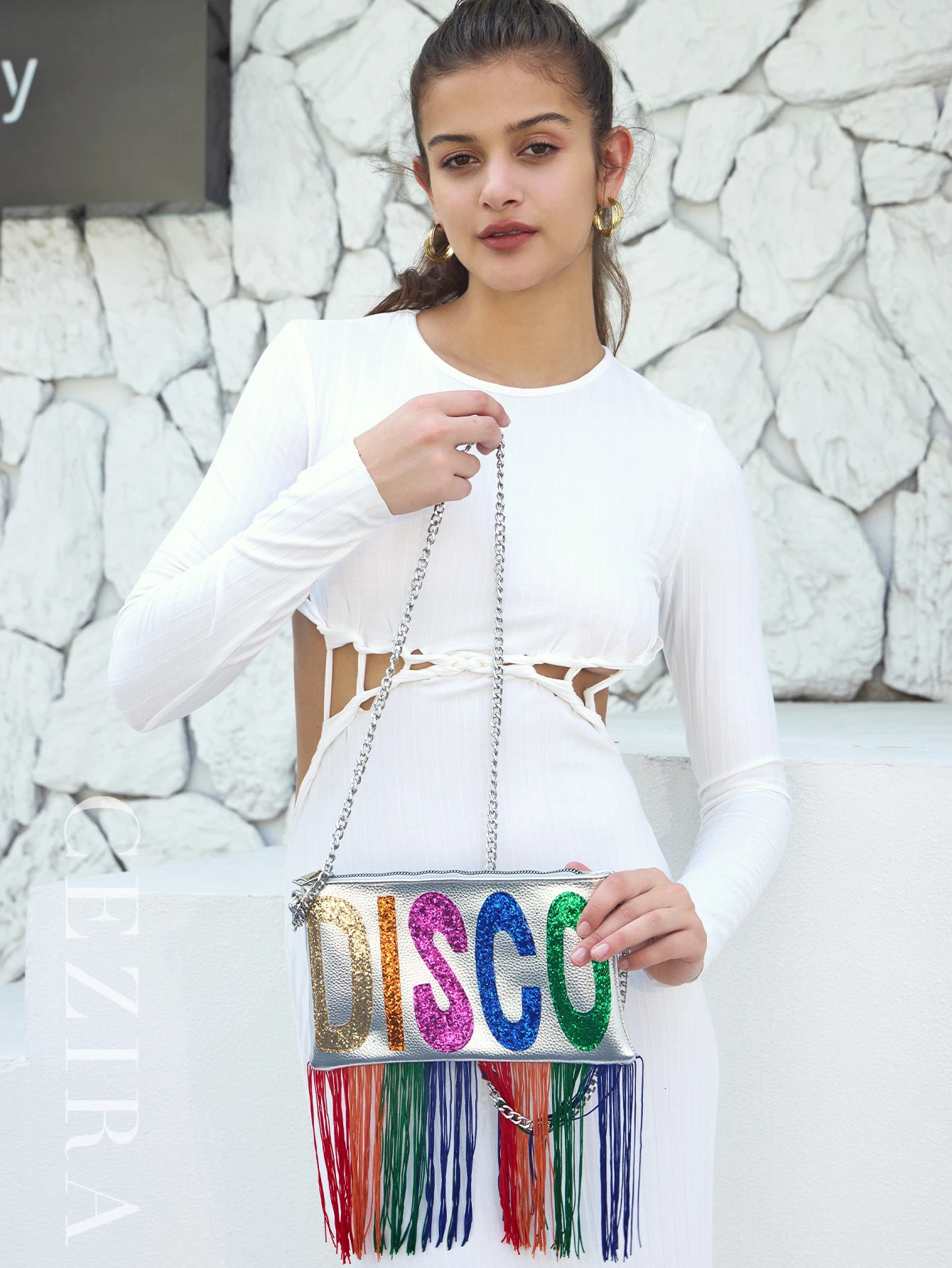 Womens metal PU leather clutch bag fashion sequin letter color tassel edge square long chain ten letter date 250425