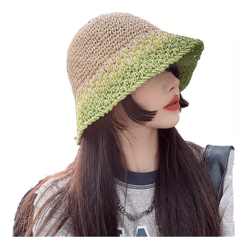1pc Women Straw Sun Hat Foldable Beach Hat Wide Brim Floppy Bucket Hat 250430