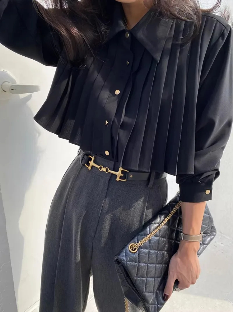Folded black shirt heavyduty industrial chiffon polo womens Ksle spring folding short high waist fully matched top 250422