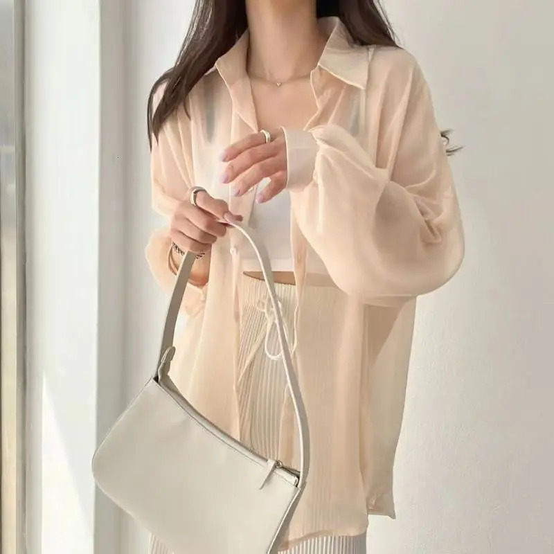 Korean style long sleeved thin sun protection womens summer chiffon shirt jacket air conditioning white top 250422