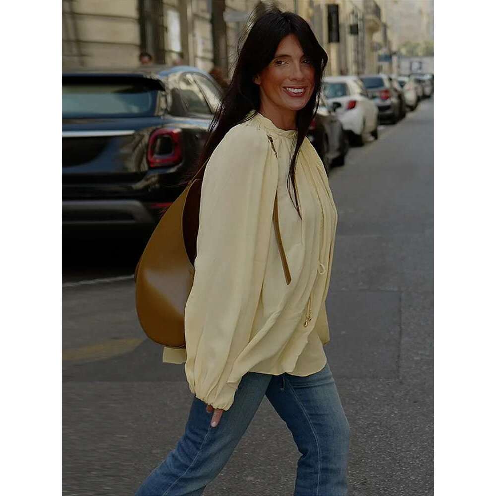 V-Neck Lace Up Waist Cinching Shirt Woman Casual Set Pleated Loose Solid Color Skirt Chic Elegant Versatile Baggy Women's Suits