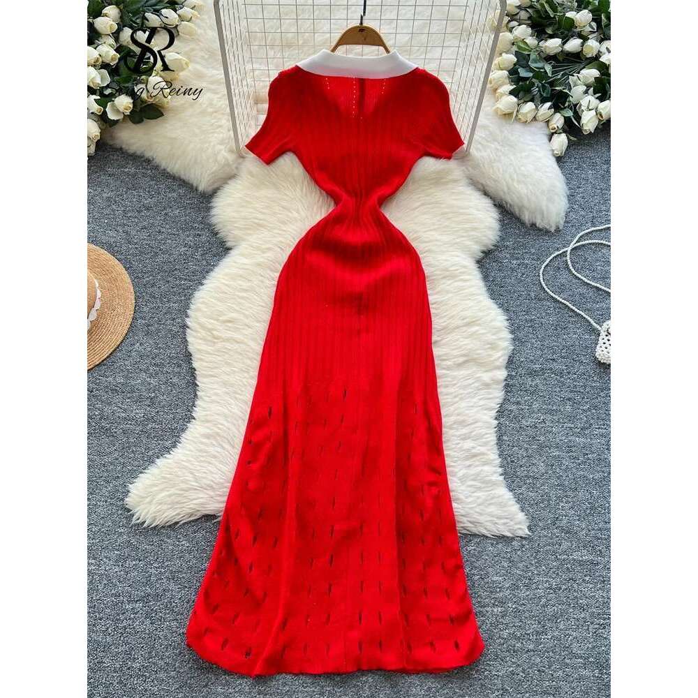 SINGREINY Senior Workwear Knitting 2025 Women Polo Collar Buttons Design Sundress Vintage Fashion Solid Split Long Dress
