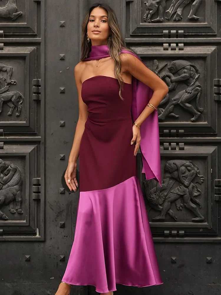 Sexy satin patchwork dress without back womens elegant sleeveless slim fit dress with scarf 2025 womens party dress W250430