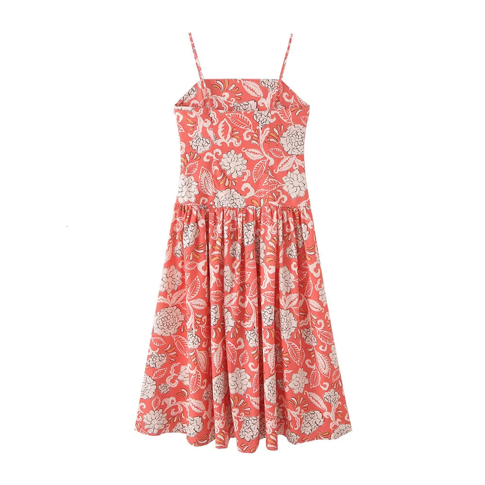 PB ZA 2025 Womens Spaghetti Strap A - Line Midi Dress with Coral and White Floral Print for a Charming Summer Look 250428