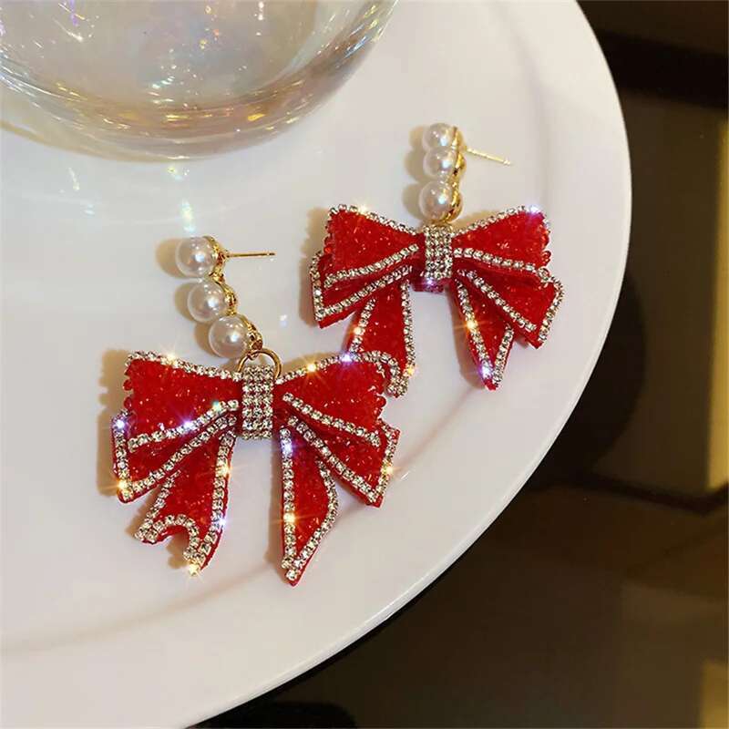 Red Bowknot Dangle Earrings For Women Three Pearl Rhinestone Earring Weddings Party Sparkle Jewelry Charms Accessories