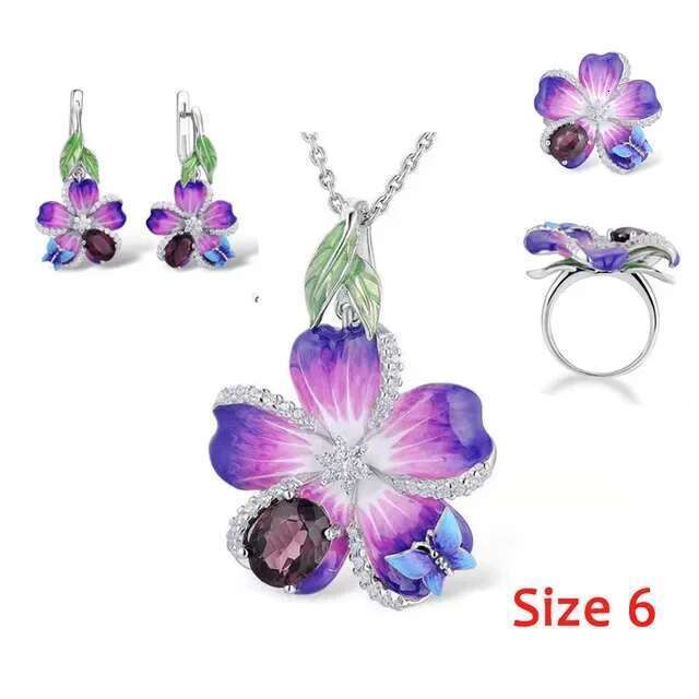 BAOSHINA Red Series Trendy Rose Flower Zircon Earrings Necklace Ring Set For Women Wedding Jewelry