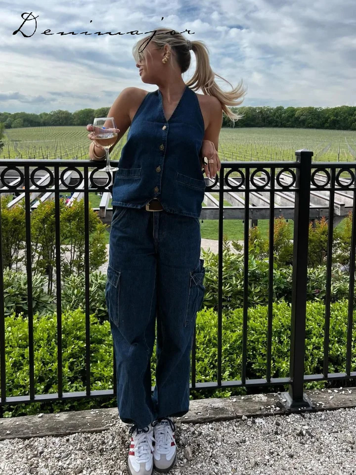 Denim camisole vest pants set womens Vneck backless single chest wide leg Trouser summer sexy dress 250530