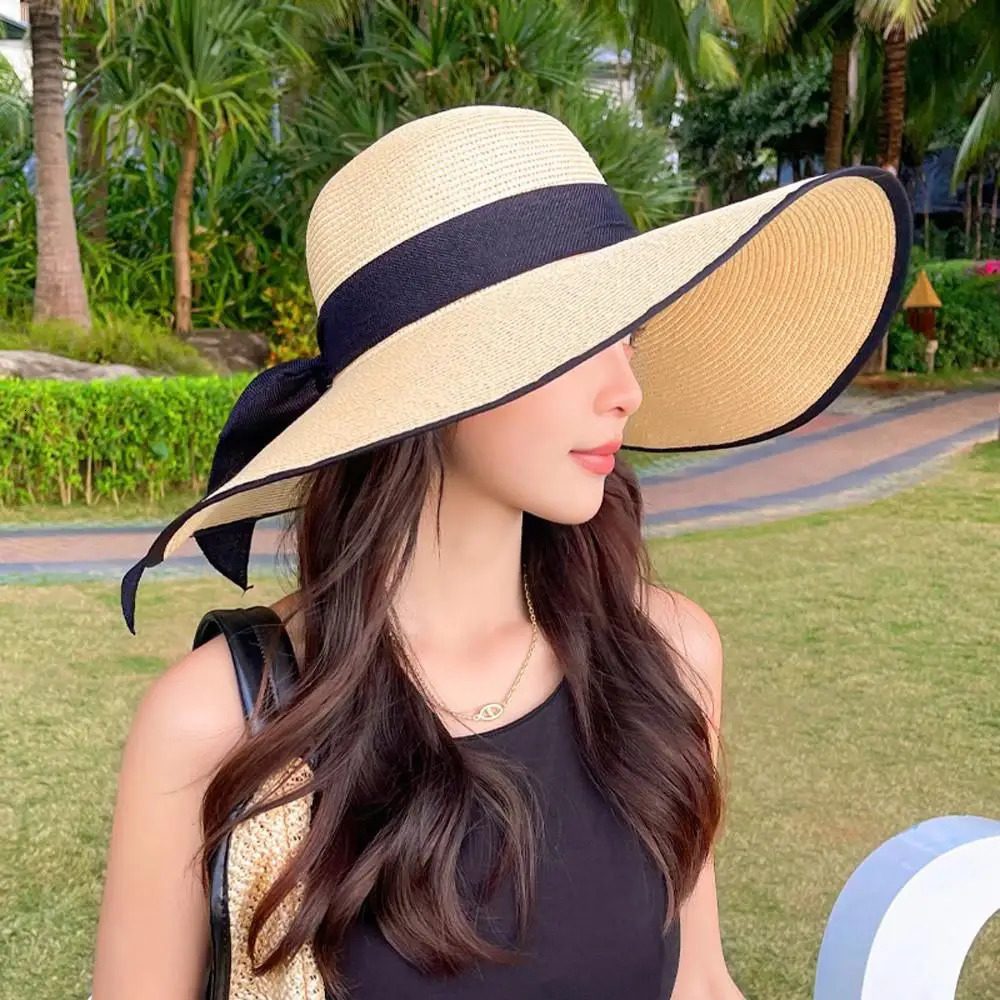 Outdoor Seaside Womens Fashion Big Bow Big Brimmed Sunscreen Hat Folding Straw Hat 250430
