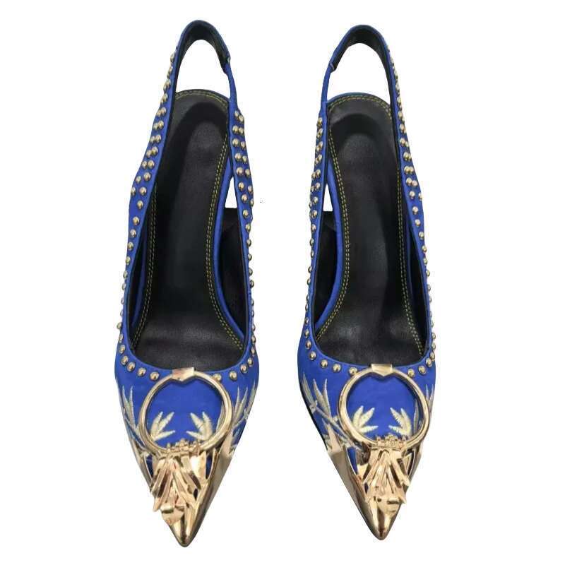2025Pointed Back Strap Shoes Luxurious Embroidered Brand Designer Women Sandals Metal Toe Ladies High Heels