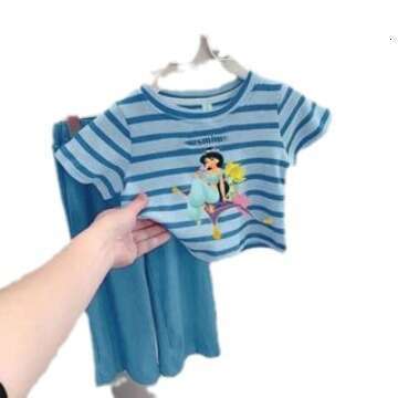 Baby Girl Striped Short Sleeved 2025 Summer New Cartoon Printed Western-Style Cool Wide Leg Pants Two-Piece Set For Children