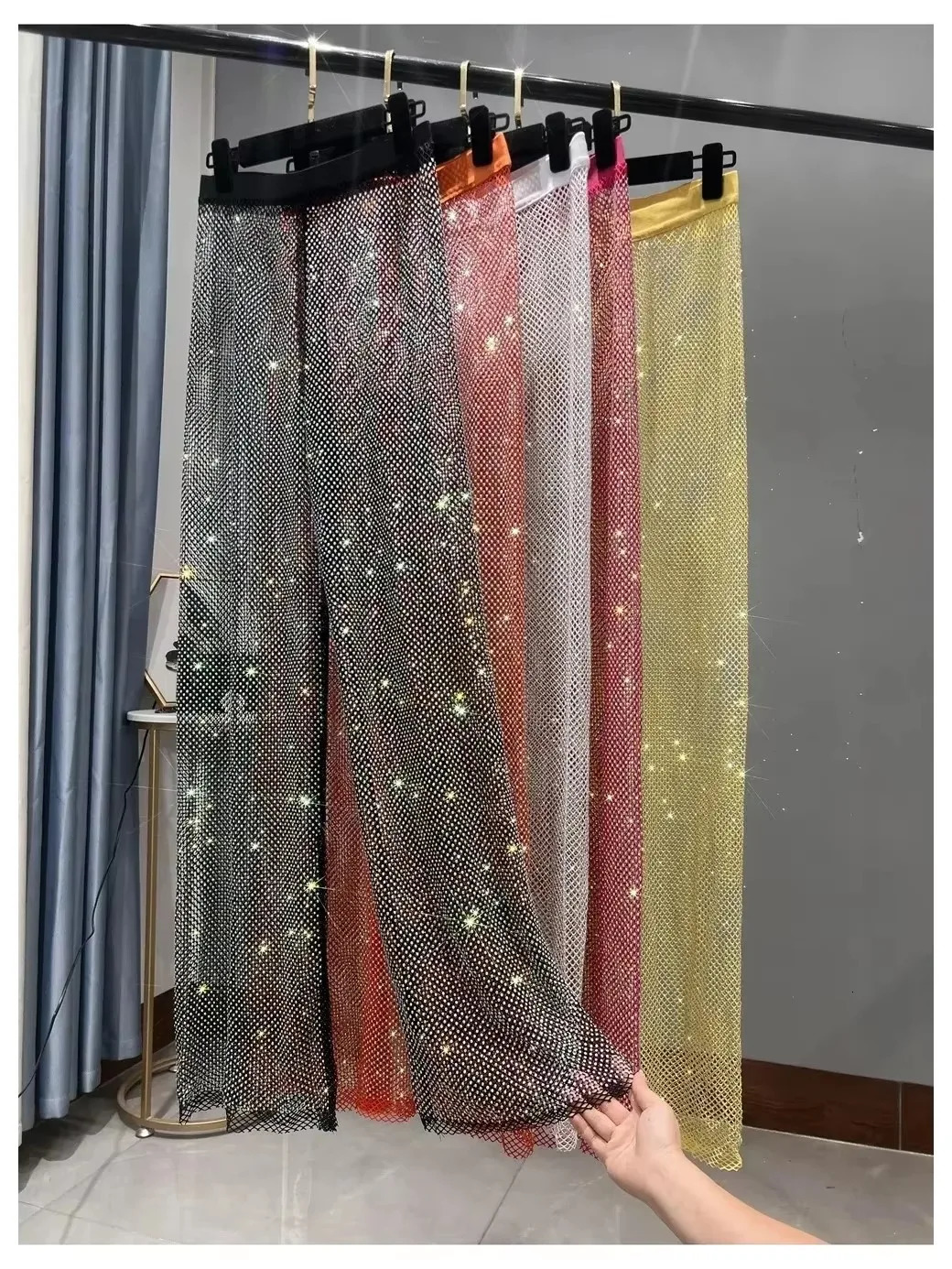 European and American Street Womens Sparkling Colorful Diamond Glowing Grid Wide Leg Pants Floor Dripping Stone Stripes 250428