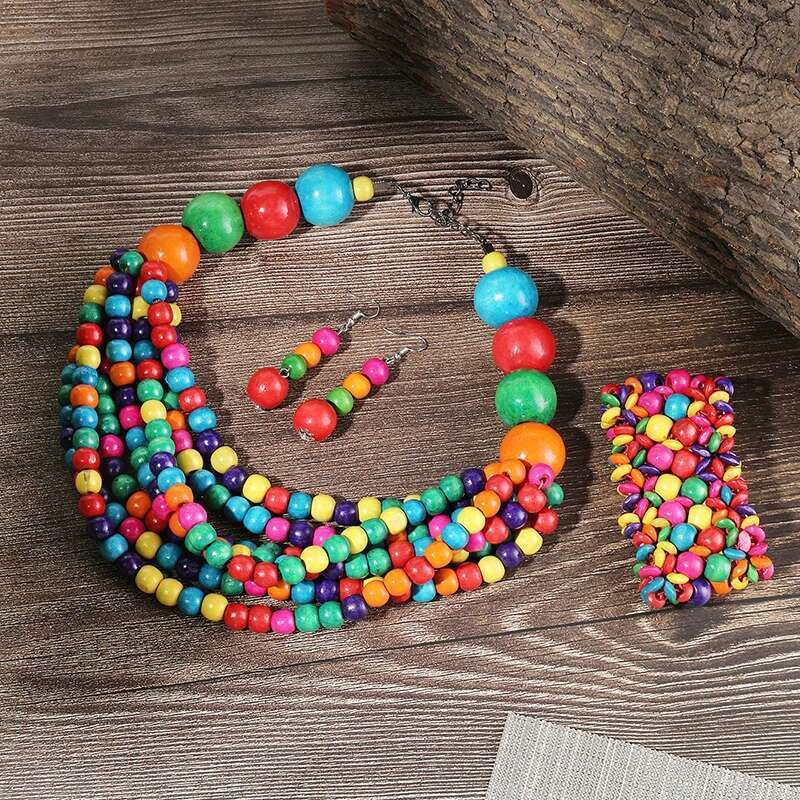 New Arrival 1Set African Multi-Layer Wooden Beads Necklace Earrings Jewelry Sets For Women Wedding Dress Jewelry Gifts