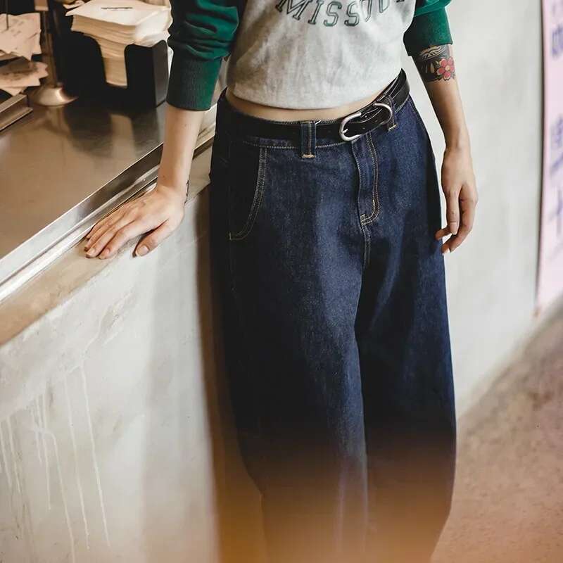 Maden Women's Dark Blue Denim Jeans Vintage Straight-leg Wide-leg Loose Fit Casual Pants Elastic Waist Cuffed Oversize Trousers