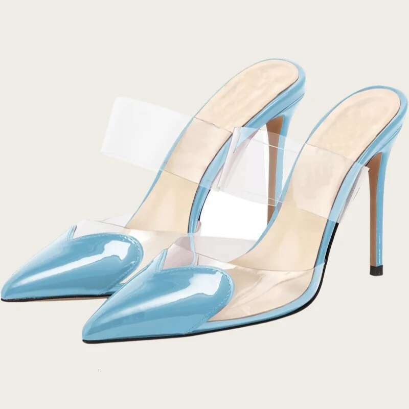 2025 New Women PVC Transparent High Sexy Pointed Toe Heart Shape Decorate Party Shoes Lady Thin Heels Pumps Slipper
