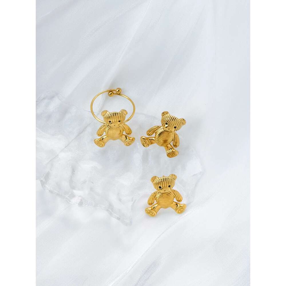 Retro Fashion Cute Retro Stainless Steel Women's Teddy Bear Earring Ring, Party Daily Holiday Gift, Friend Jewelry