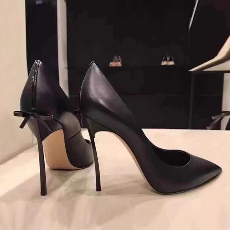 Spring and summer new pointed shallow patent leather satin bow metal thin high-heeled banquet dress small size women shoes