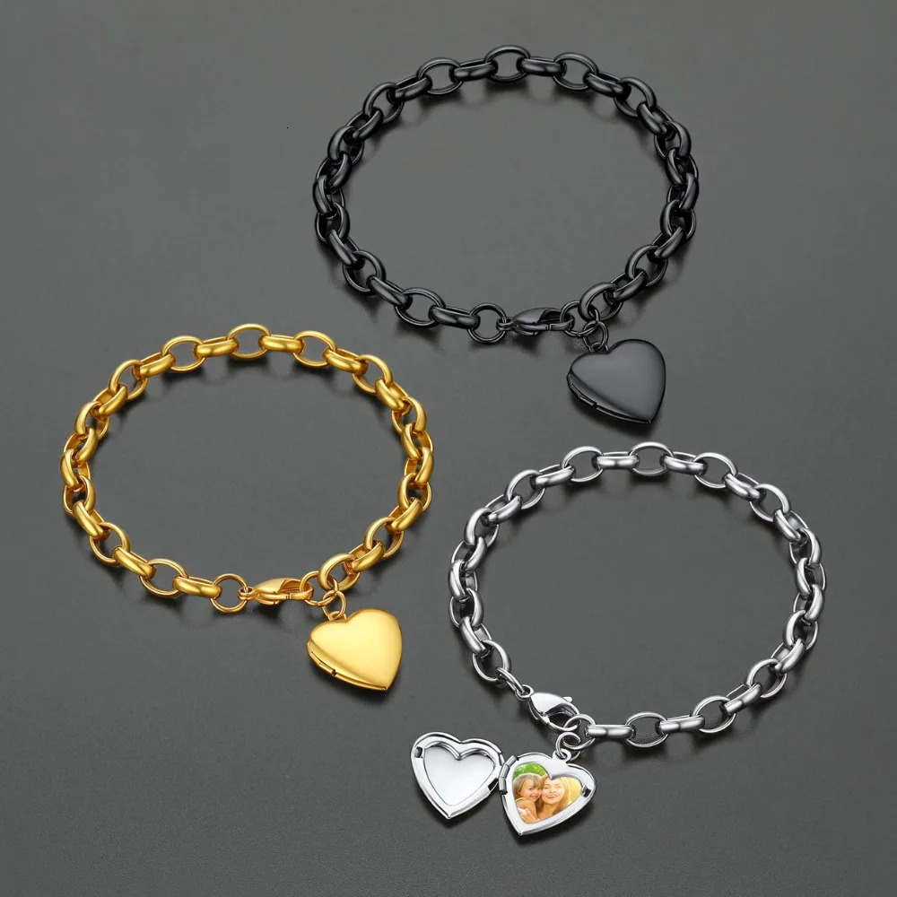 U7 Stainless Steel Custom Po Heart Locket Bracelet for Women 7mm Box Chain Adjustable Personalized Unisex BFF Couple Jewelry 250430