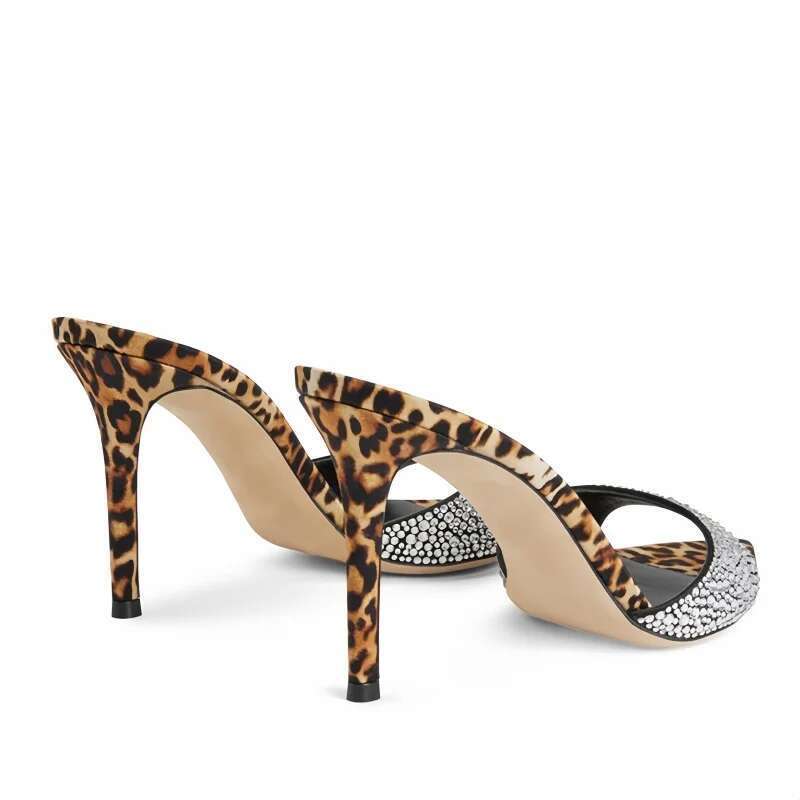 Leopard Printed Slip On Mules Shiny Crystal Thin Heeled Pointed Toe Pumps Stiletto Heels Party Women High Heel Shoes slippers