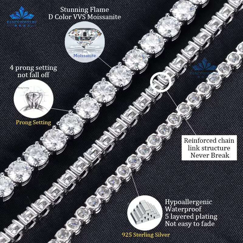Factory Price Gold Plated S925 Sliver Vvs Moissanite Tennis Chain 2-6.5mm Iced Out Diamond Hiphop Tennis Necklace Bracelet