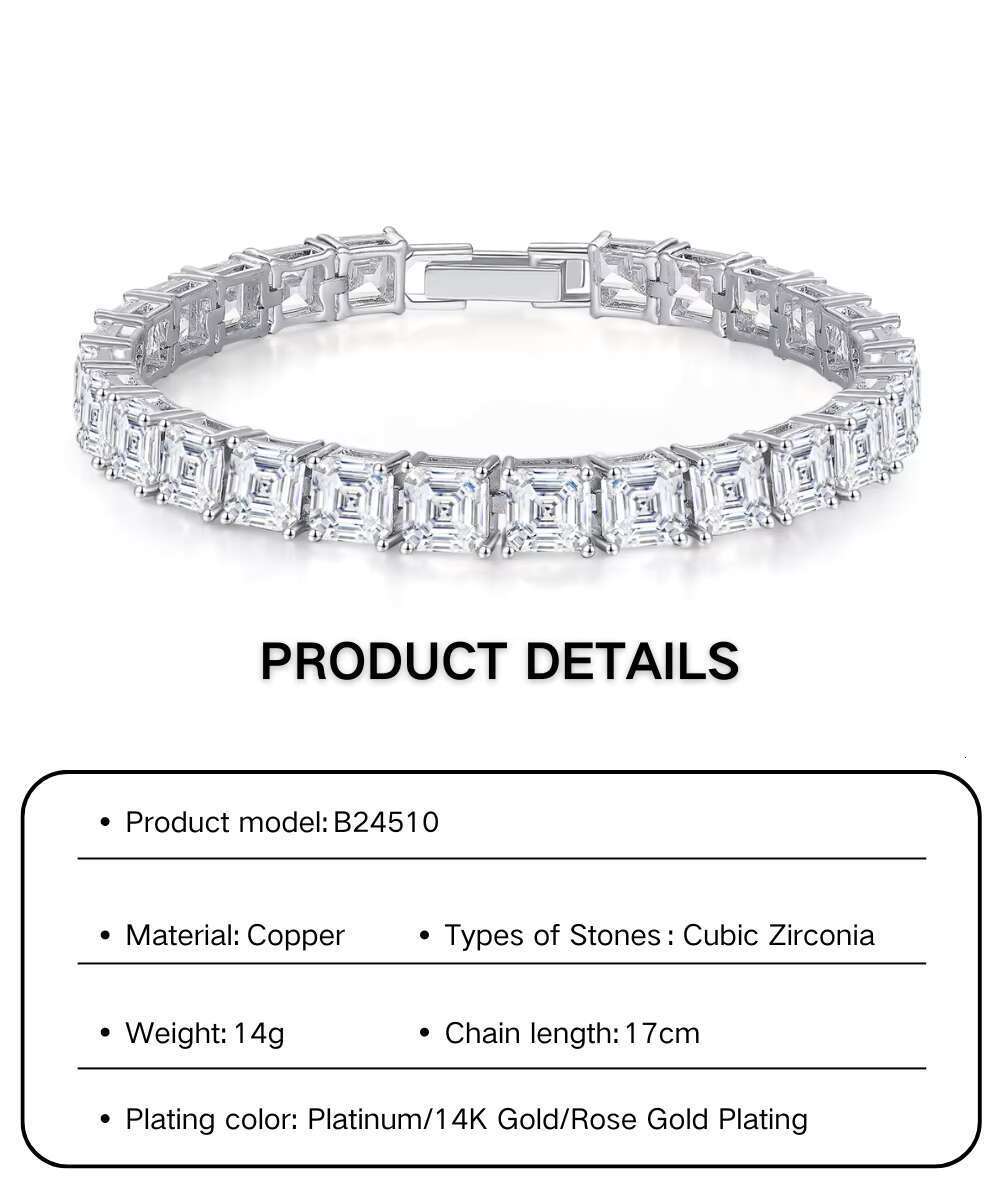 Unisex Trendy Tennis Chain Bracelet With CZ Rhodium Copper Gold Diamond Cubic Zirconia Classic Square Design for Parties Gifts
