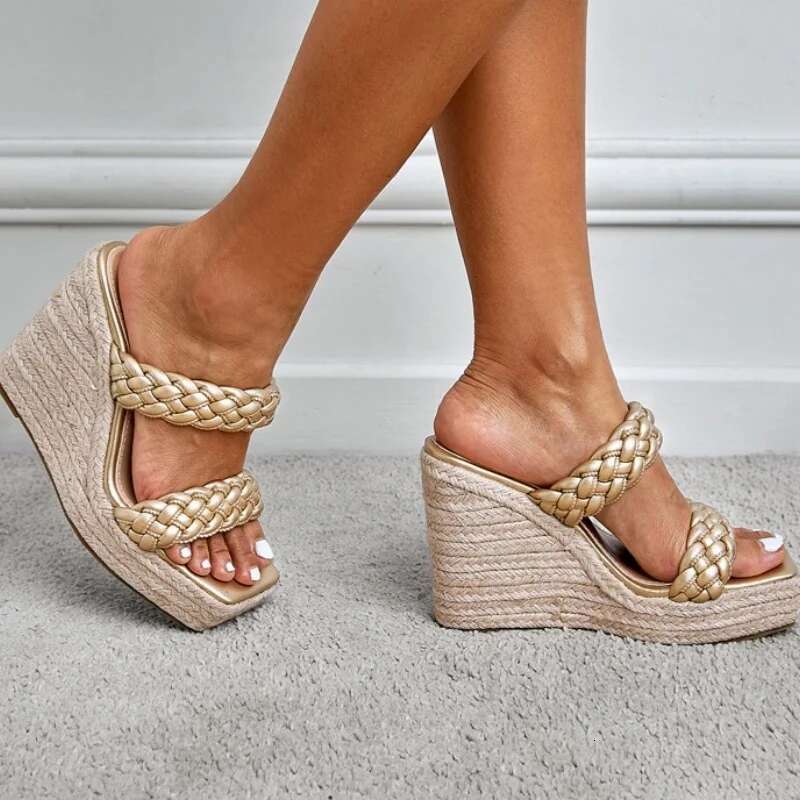 Braided Strap Women's Slippers Slip on Gold Sandals Wedge Heel Open Toe Platform Textile Fashion Casual Shoes Women