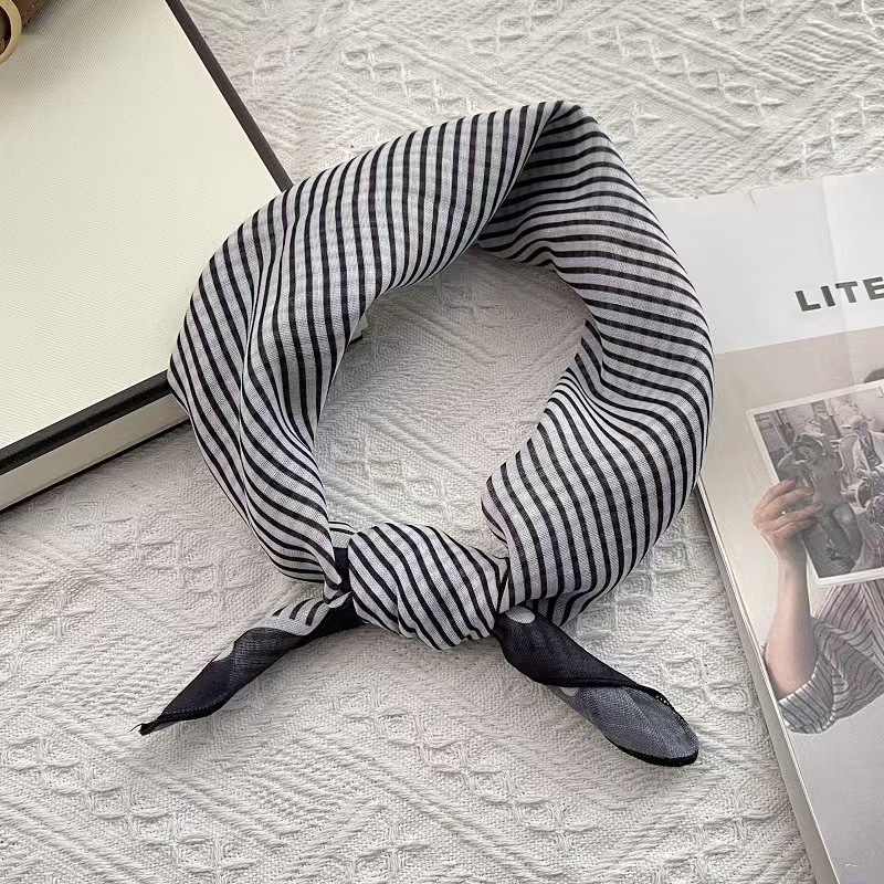 T609 Retro Art Striped Cotton Small Silk Scarf Women Korean Style All-match Fashion Small Scarf Thin Ribbon Neck Scarf