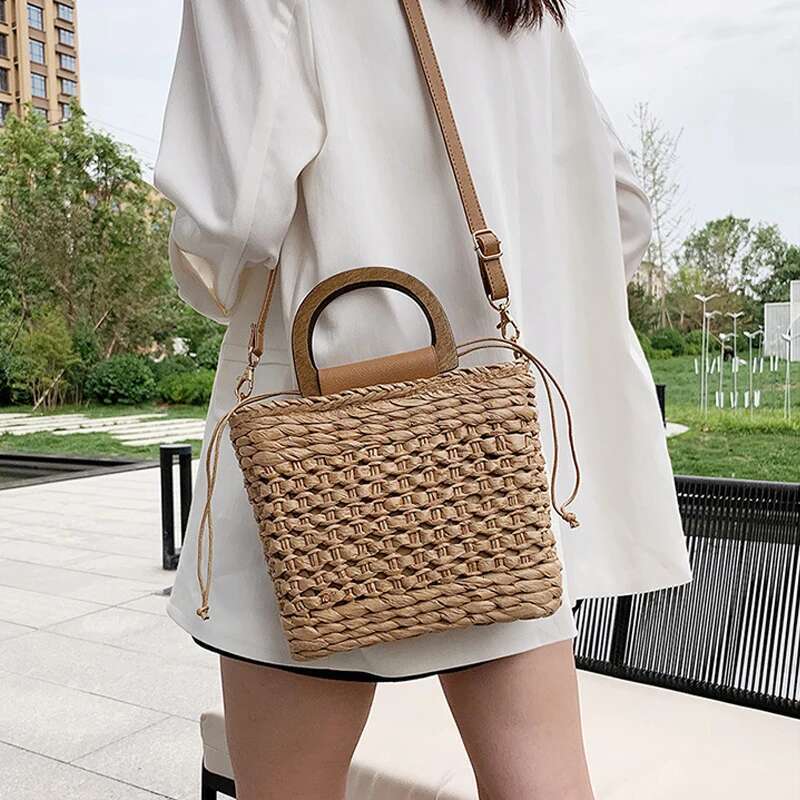 JIOMAY Straw Summer 2023 Women Tote Bags Designer Handbags Purses Weave Drawstring Closure Wooden Handle Beach Shoulder Bag