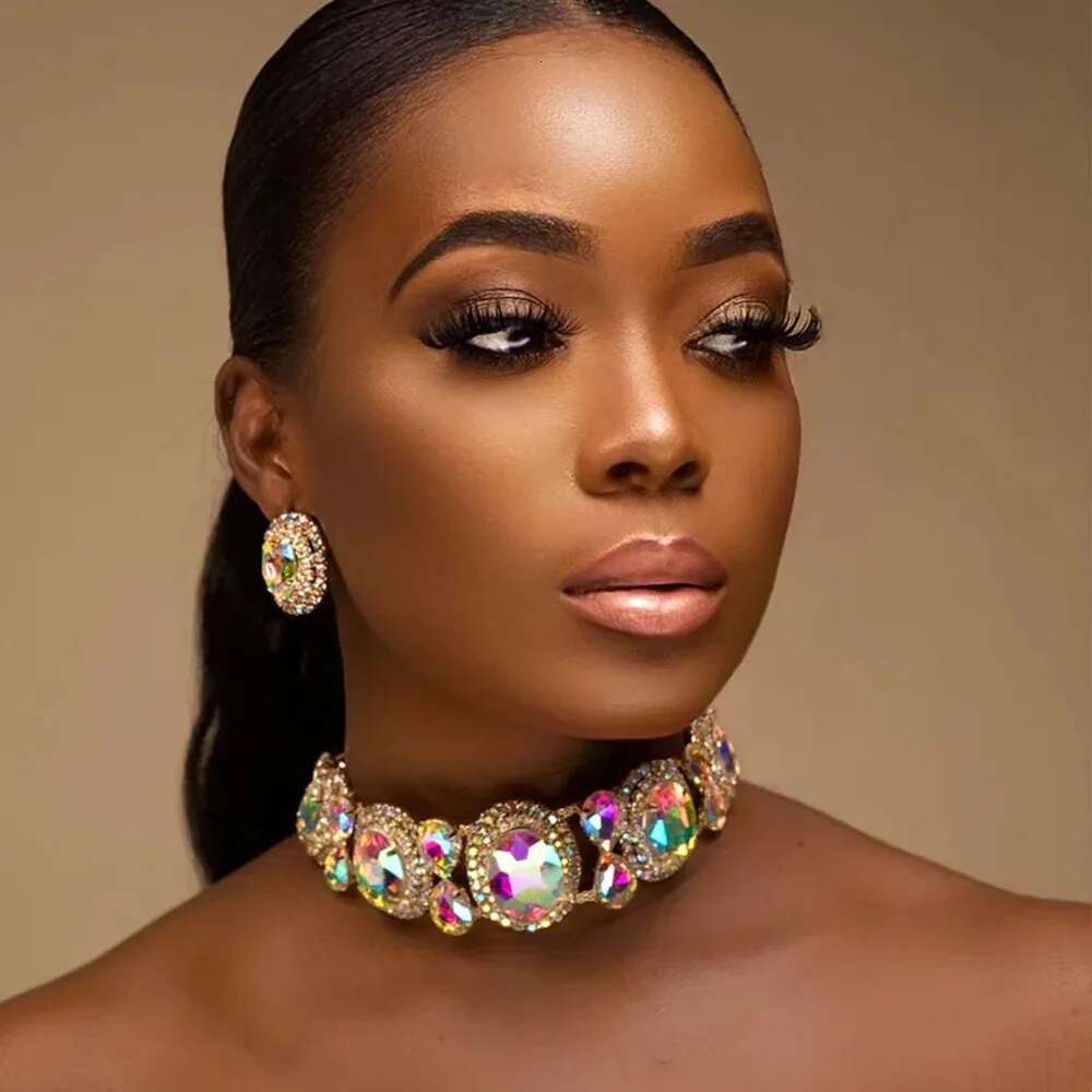 Elegant Boho Round Crystal Jewelry Piercing Wedding Gift For Bridal Bling Geometric Rhinestone Necklace Earring Set Party