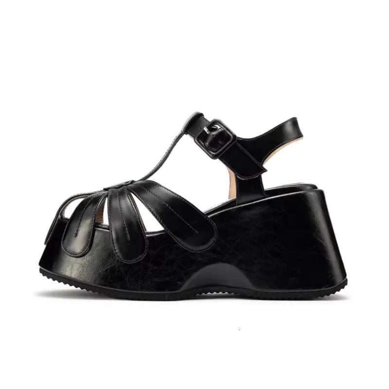 Hollow Flower Denim Mixed Colors Black Simple Commuter Sandals Roman Women Thick Platform Shoes