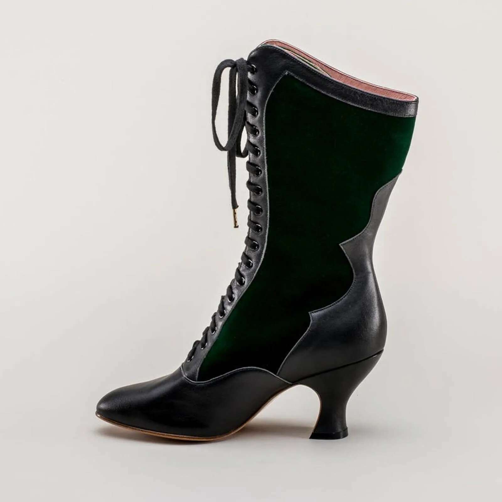 Vintage Block Heel Long Green Lace Up Women's Fashion Cute Cat Motif For Autumn Mid Calf Winter Boots