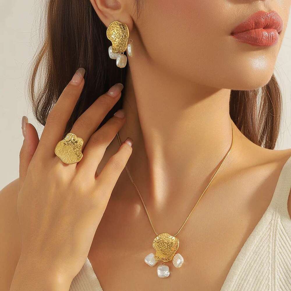 LAMENGLY 316L Stainless Geometry Cheese Pearl Pendant Earrings Necklace Ring Women New Creative Gold Plated Jewelry Set Gift