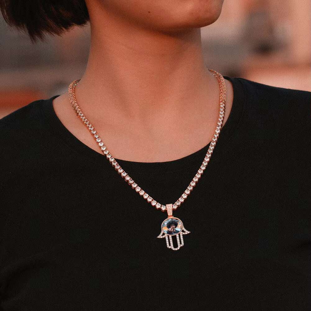 Memory Jewelry 32mm Gold Plated Brass AAAAA CZ Diamond Iced Out Hamsa Hand Custom Picture Necklace Pendant With Chain