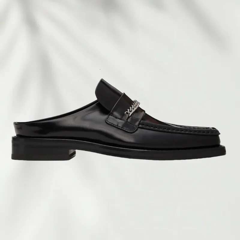 Square Toe Casual Flat Half Slippers Glossy Leather Metal Button Chain Men Man Shoes Slip-on Summer Comfortable Loafers