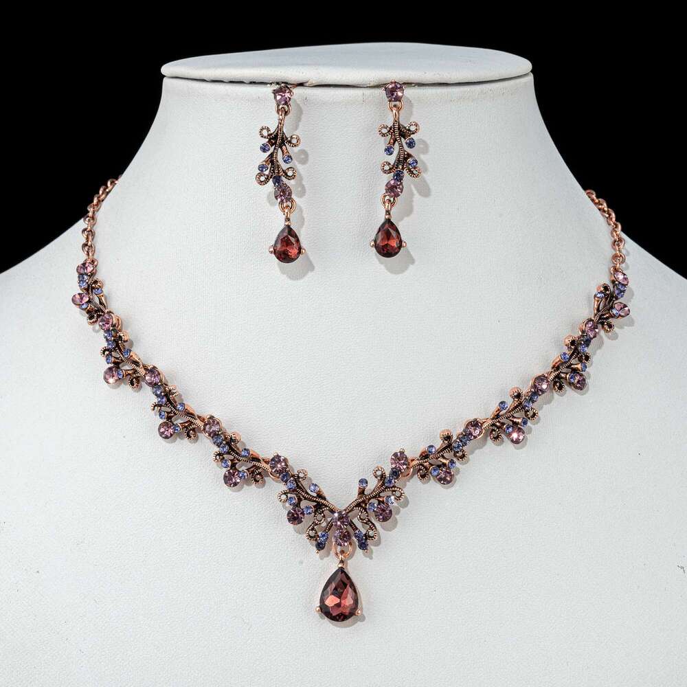 Vintage Black Purple Crystal Geometric Statement Necklace Earrings Tiaras Crown Jewelry Sets For Women Wedding Party African Set