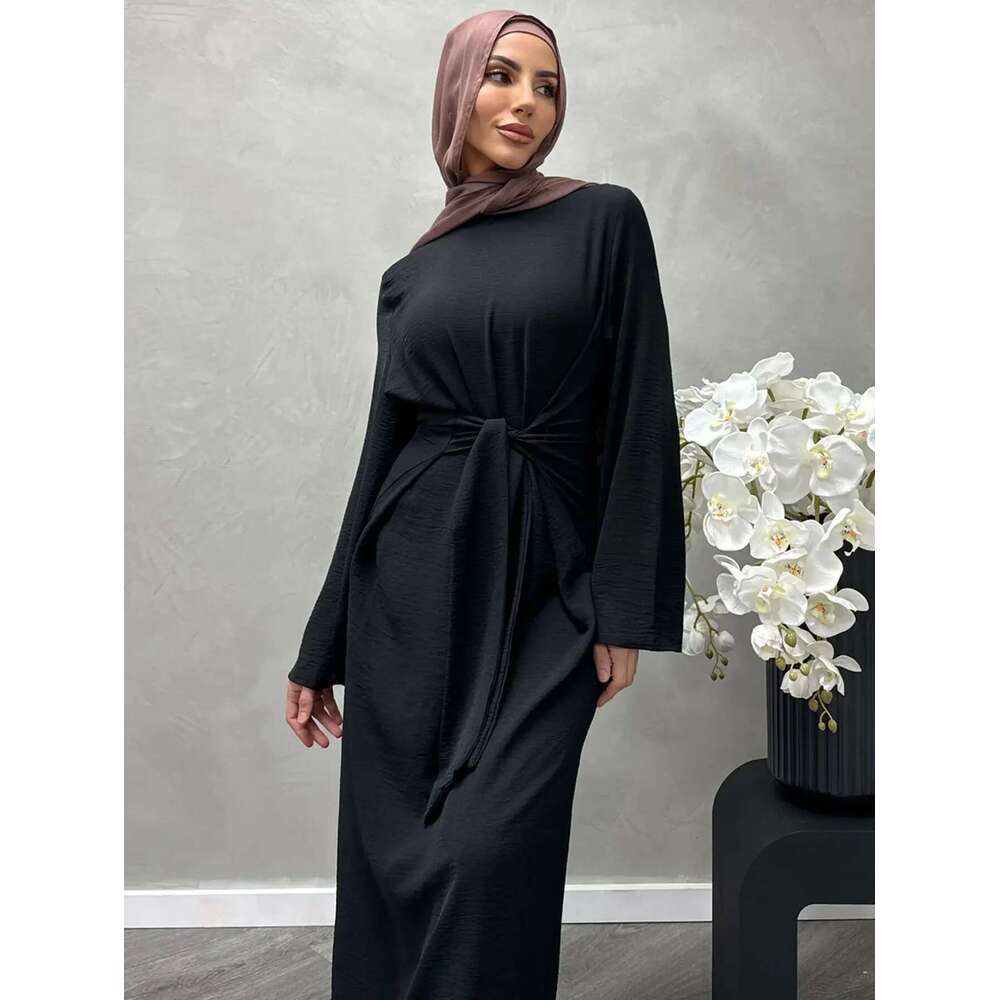 2025 Fashion Dubai Solid Belt Long Dresses For Muslim Woman Elegant Casual Marocain Islam Saudi Plain Caftan Turkish Clothing