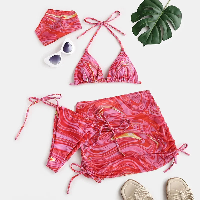 Wave Print Swimsuit Sexy Bathing Suits 4 Piece Bikinis Beach Sarong Micro Thong Swimwear Women Beachwear 250428