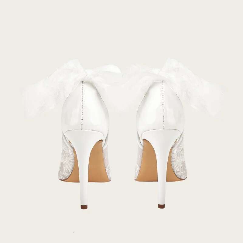 New Fashion White Lace High Pointed Bow Sexy Hollow Heels For Ladies Wedding Party Women Shoes