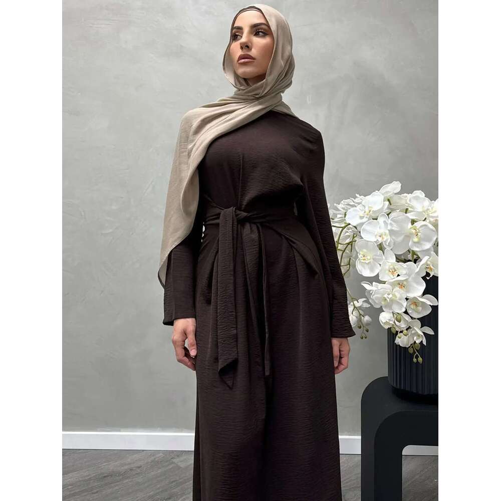 2025 Fashion Dubai Solid Belt Long Dresses For Muslim Woman Elegant Casual Marocain Islam Saudi Plain Caftan Turkish Clothing