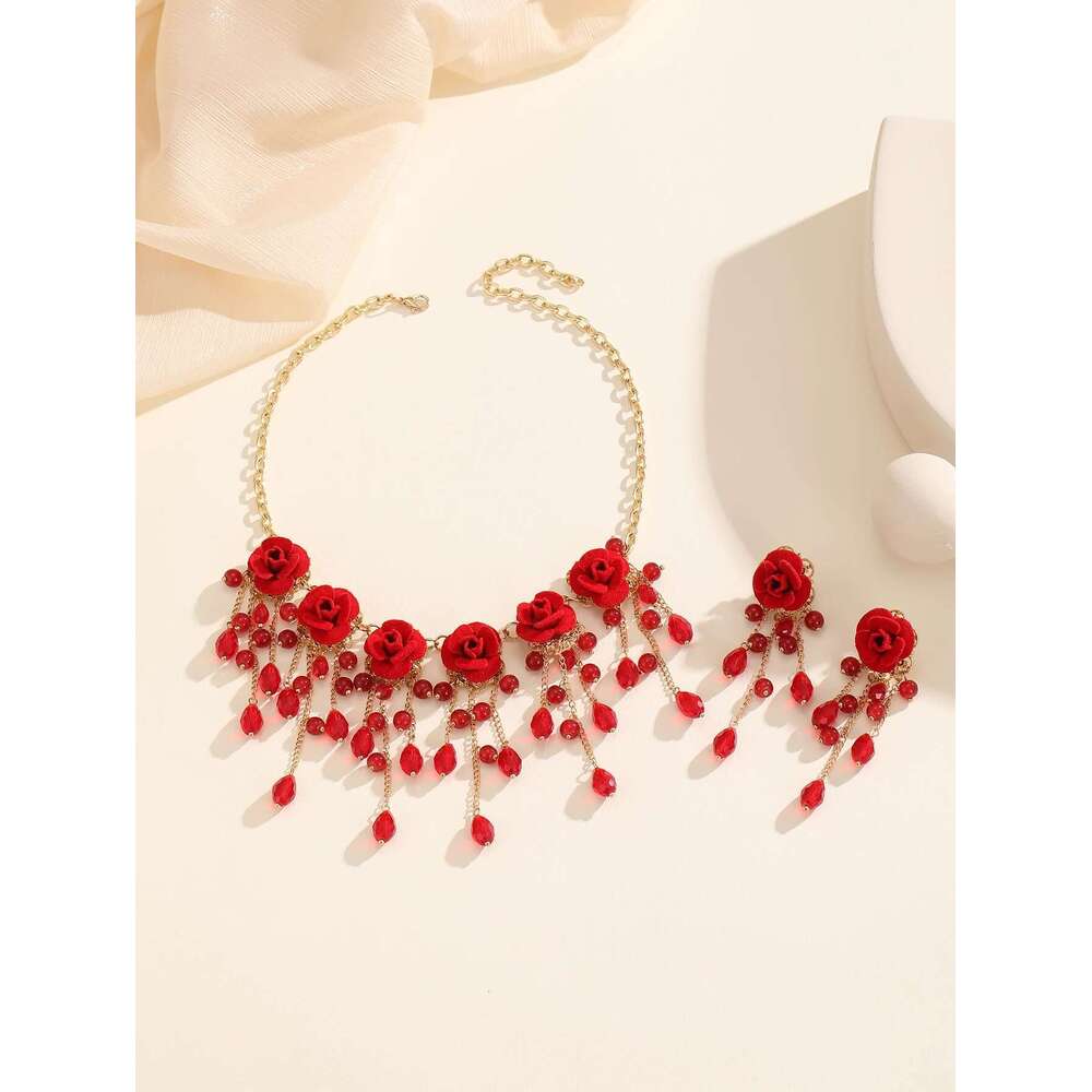 3Pcs/Set Elegant Vintage Red Rose Crystal Tassel Pendant Necklace And Earrings Romantic Jewelry Set, Zinc Alloy, Stainless Steel