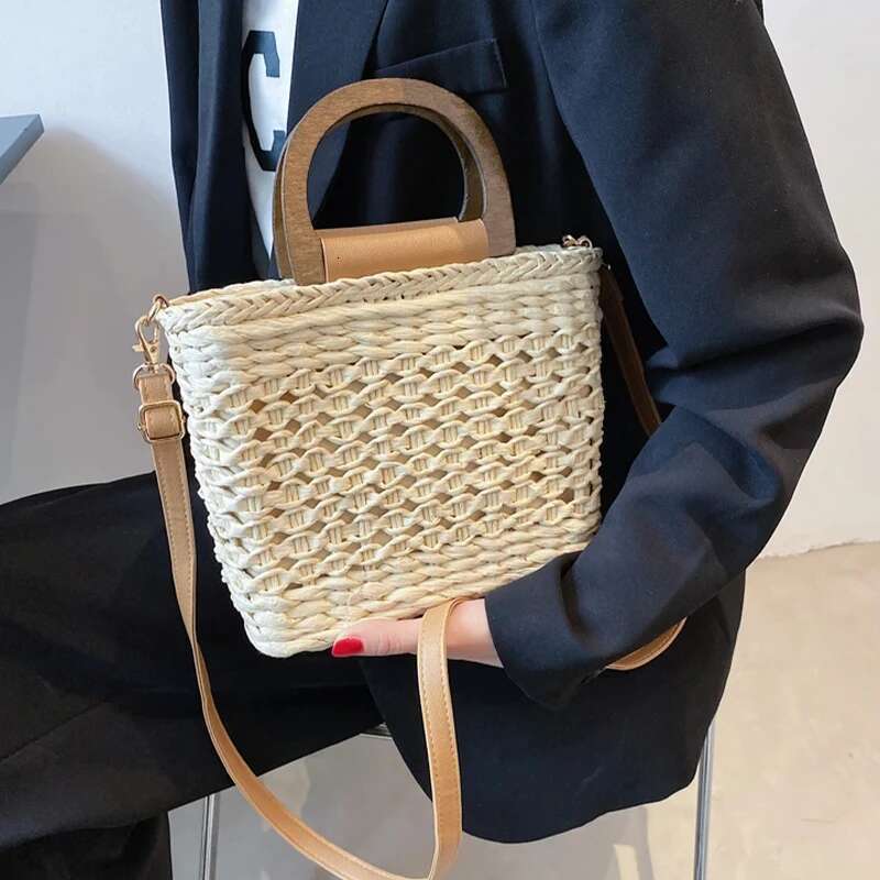 JIOMAY Women's Designer Handbag Summer Beach Tote Bag High-Quality Crochet Woven Purse With Drawstring Closure