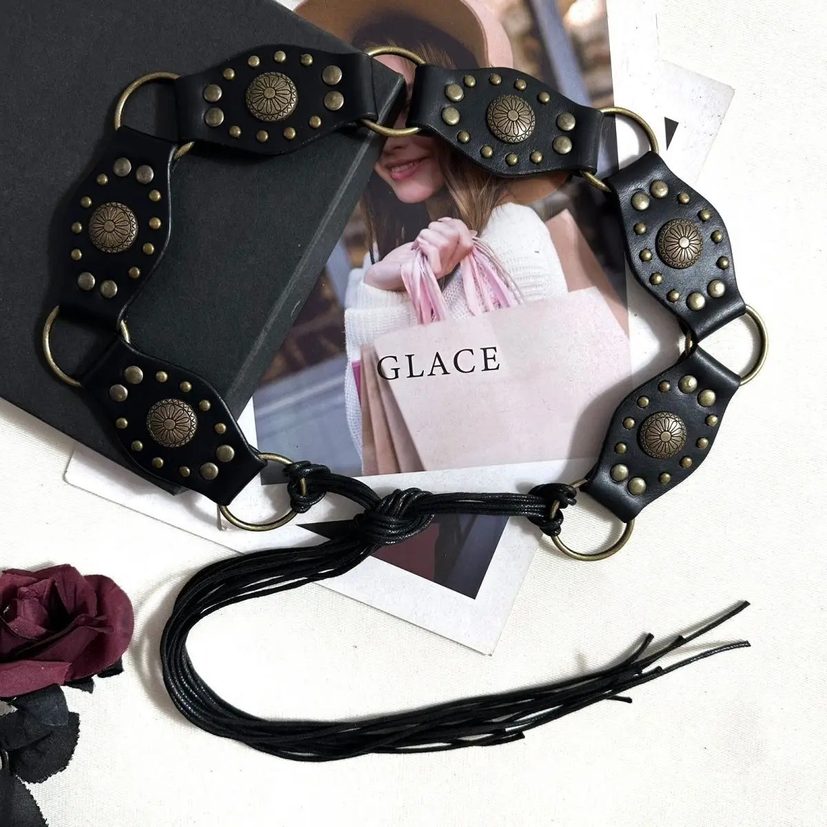 American Retro Black Rivet Metal Buckle Belt Womens Spliced Belt Millennial Spicy Girl Y2k Sense Strap Waist Rope 250430