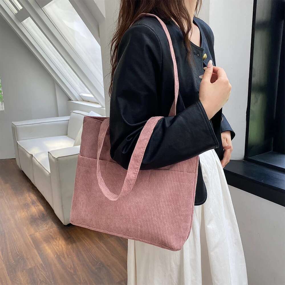 Women Corduroy Tote Handbag Large Capacity Zipper Shoulder Bag Casual Multifunctional Reusable Grocery Bags Bag